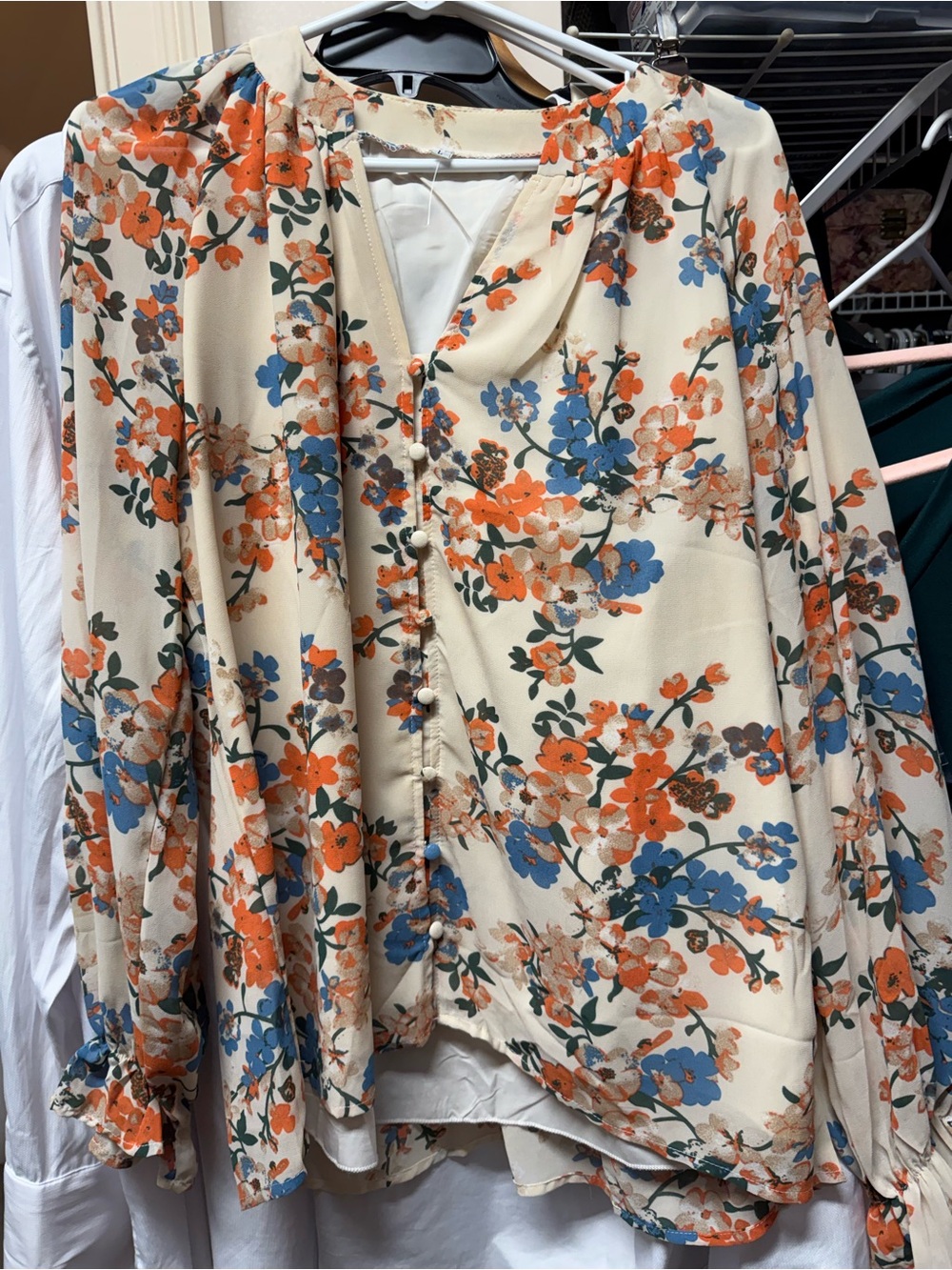 Floral Button-Front Blouse - Cream with Orange & Blue Flowers